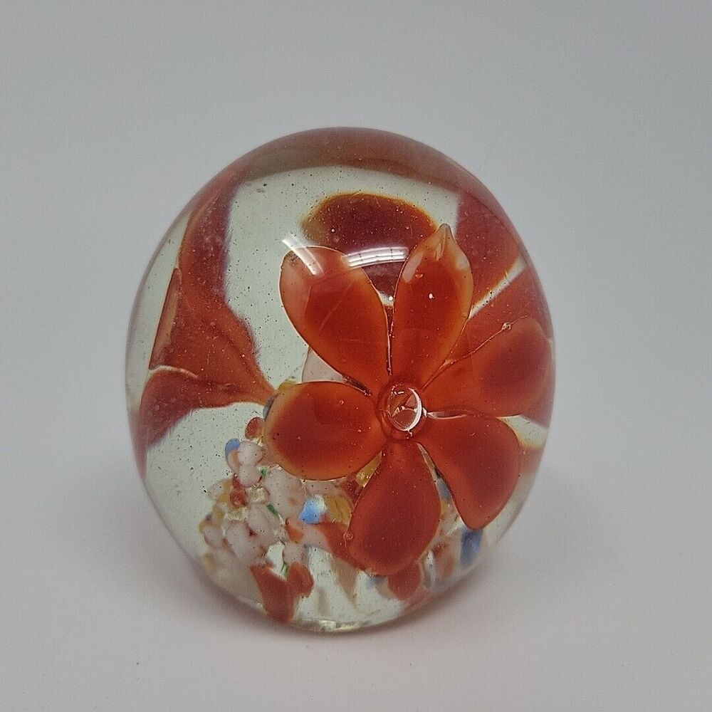 Vintage Red Floral Egg Shape Art Glass Paperweight 3" - 1lb 4oz